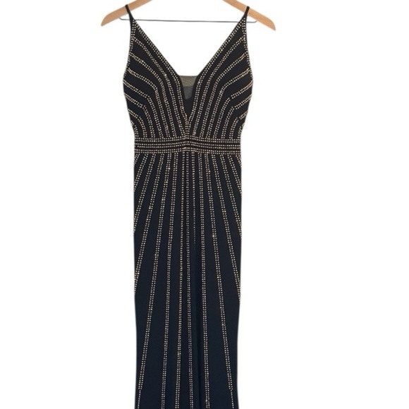 Xscape Beaded Evening Gown, Dark Navy Blue, Deep V, Sheath, Thin Straps, Size 2 - Picture 16 of 16